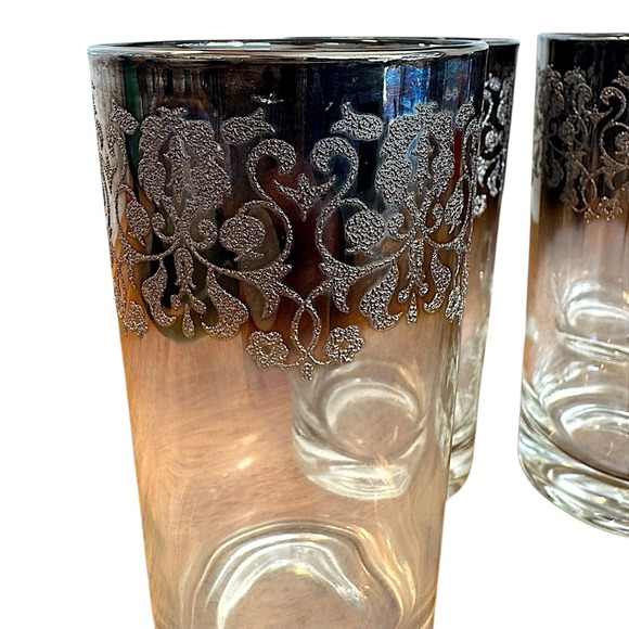 MCM Dorothy Thorpe Style Highball Glasses Silver Fade Filigree Barware 6 Pc Set - Picture 4 of 16